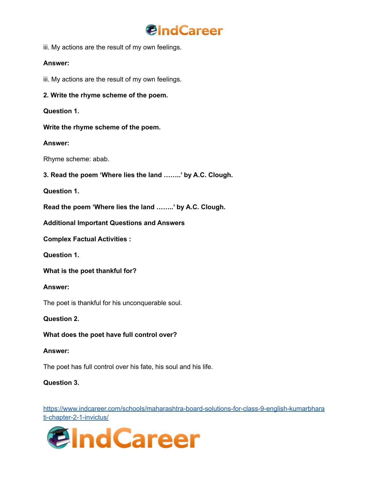 Maharashtra Board Solutions for Class 9- English Kumarbharati: Chapter 2.1- Invictus - Page 8