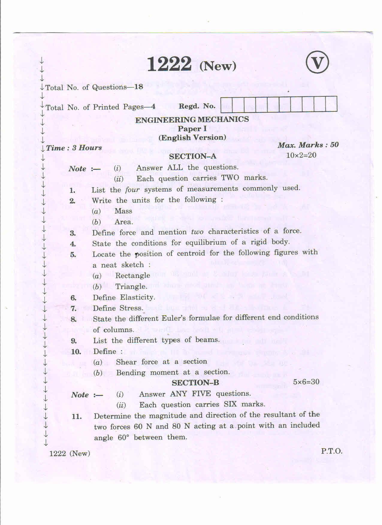 AP Inter 2nd Year Vocational Question Paper March - 2020 - Engineering Mechanics-I - Page 1
