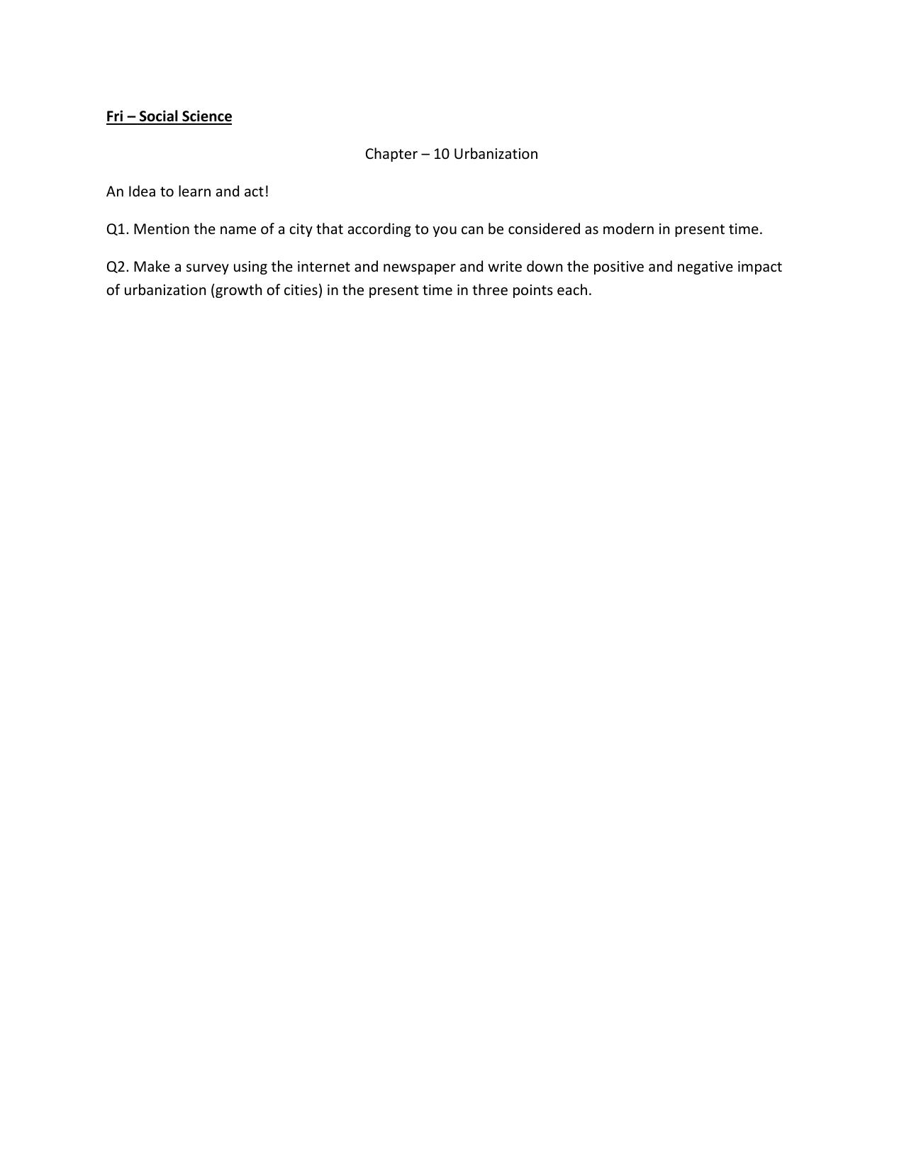 CBSE Worksheets for Class 6 Social Science Urbanization Assignment - Page 1