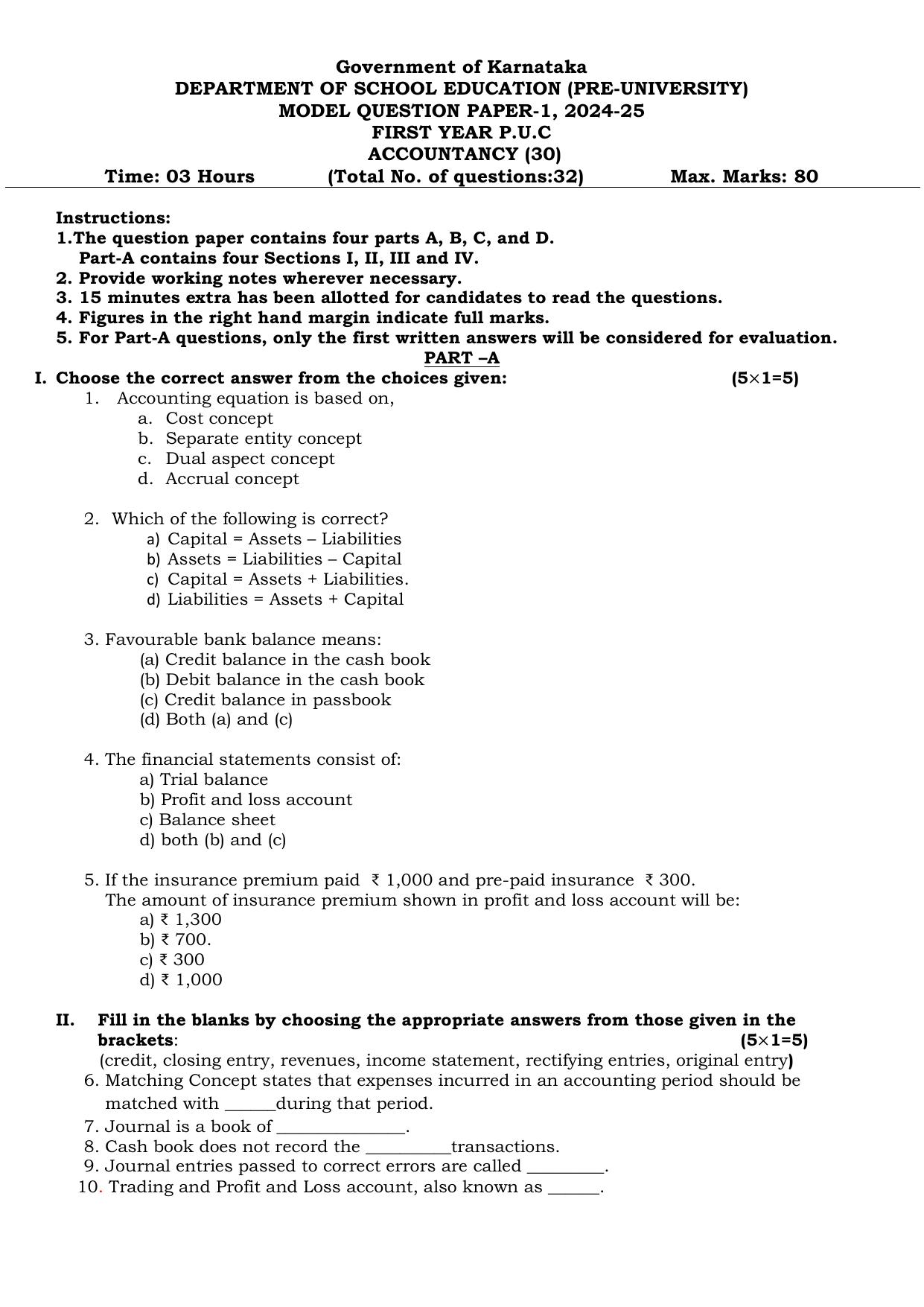 Karnataka 1st PUC Accountancy Model Question Paper 2025 - Page 1