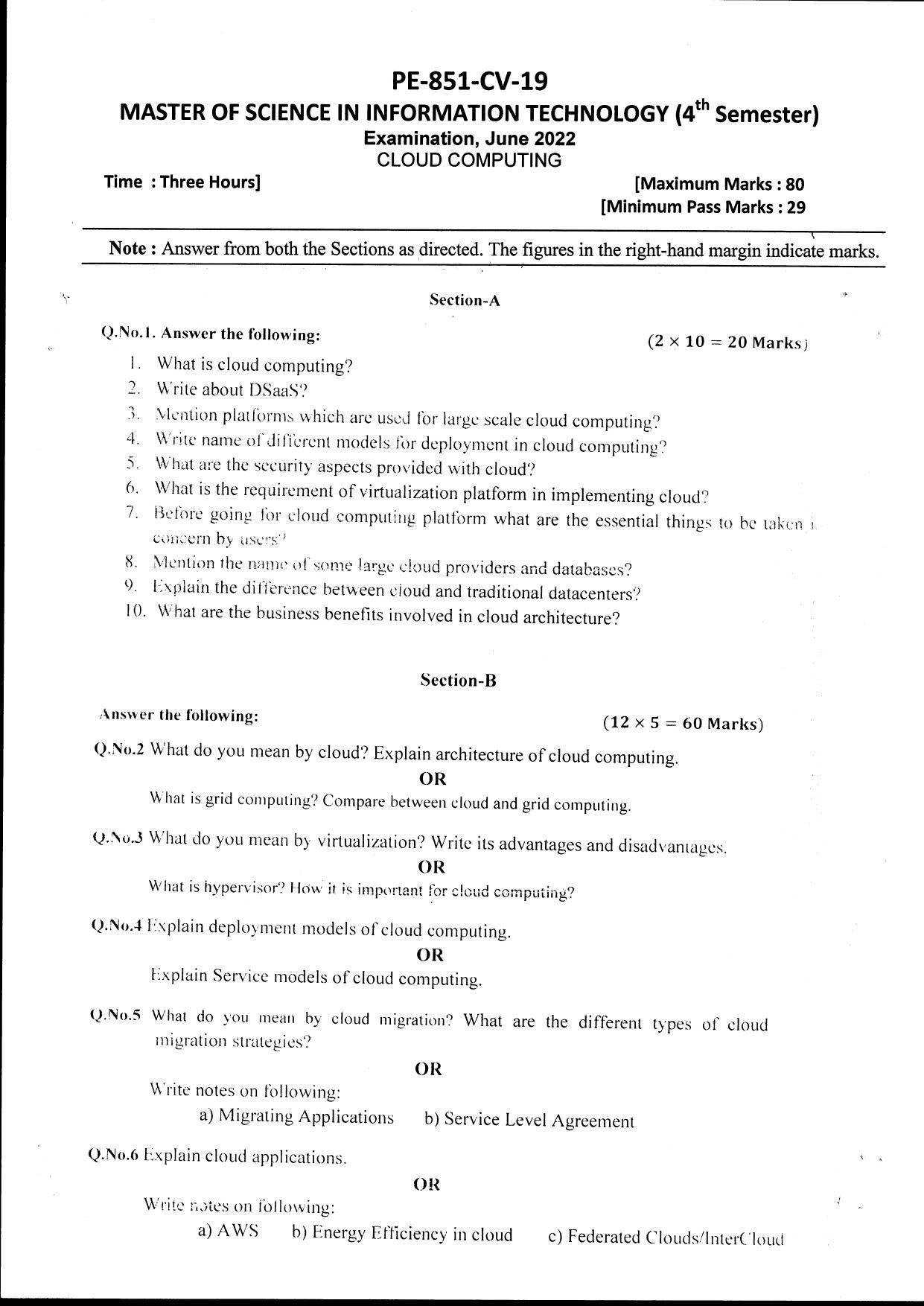 Bilaspur University Question Paper June 2022:Master Of Science In Information Technology (Fourth Semester)Cloud Computing Paper 1 - Page 1