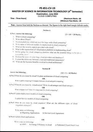 Bilaspur University Question Paper June 2022:Master Of Science In Information Technology (Fourth Semester)Cloud Computing Paper 1