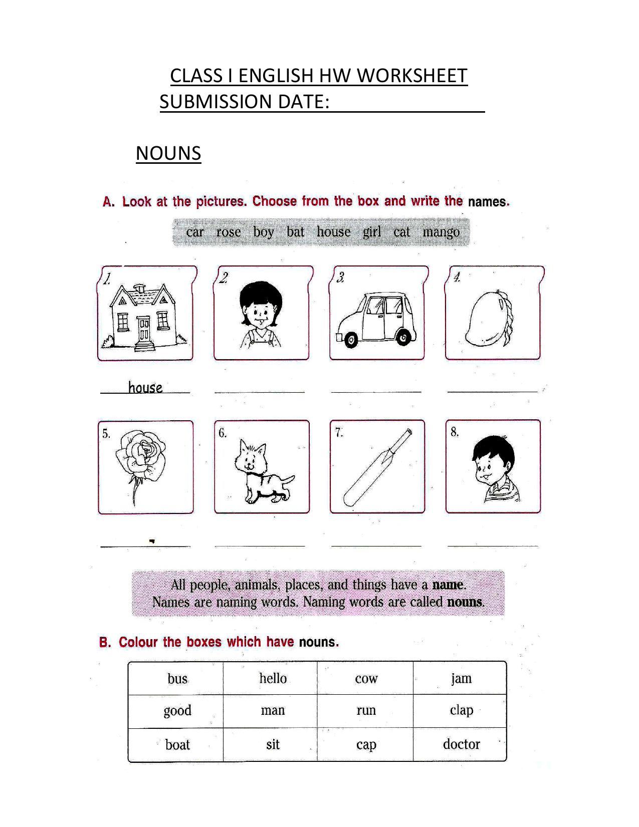 Worksheet for Class 1 English Assignment 66 Nouns - Page 1