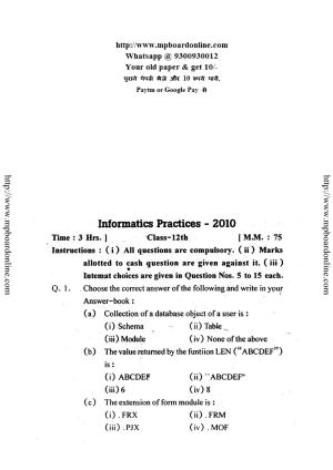 MP Board Class 12 Informatics Practices (English Medium) 2010 Question Paper
