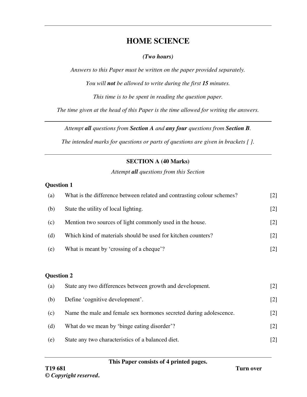 ISC Class 12 2019 Home Science Question Paper - Page 1