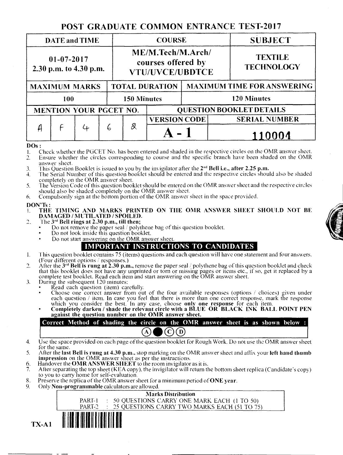 Karnataka PGCET 2017 Textile Technology Question Paper - Page 1