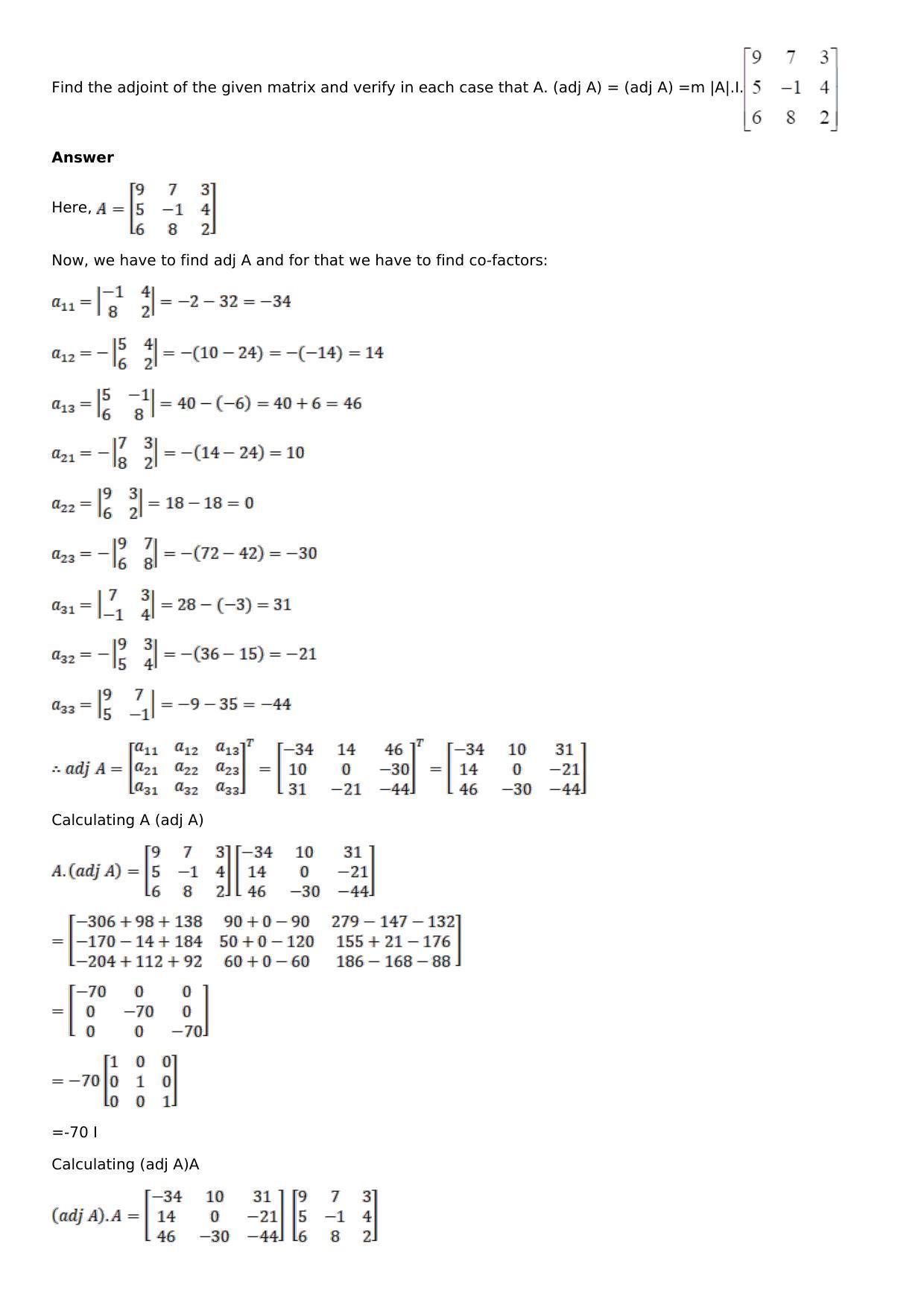 Chapter 7: Adjoint and Inverse of a Matrix Solutions: RS Aggarwal Class 12 Solutions  - Page 10