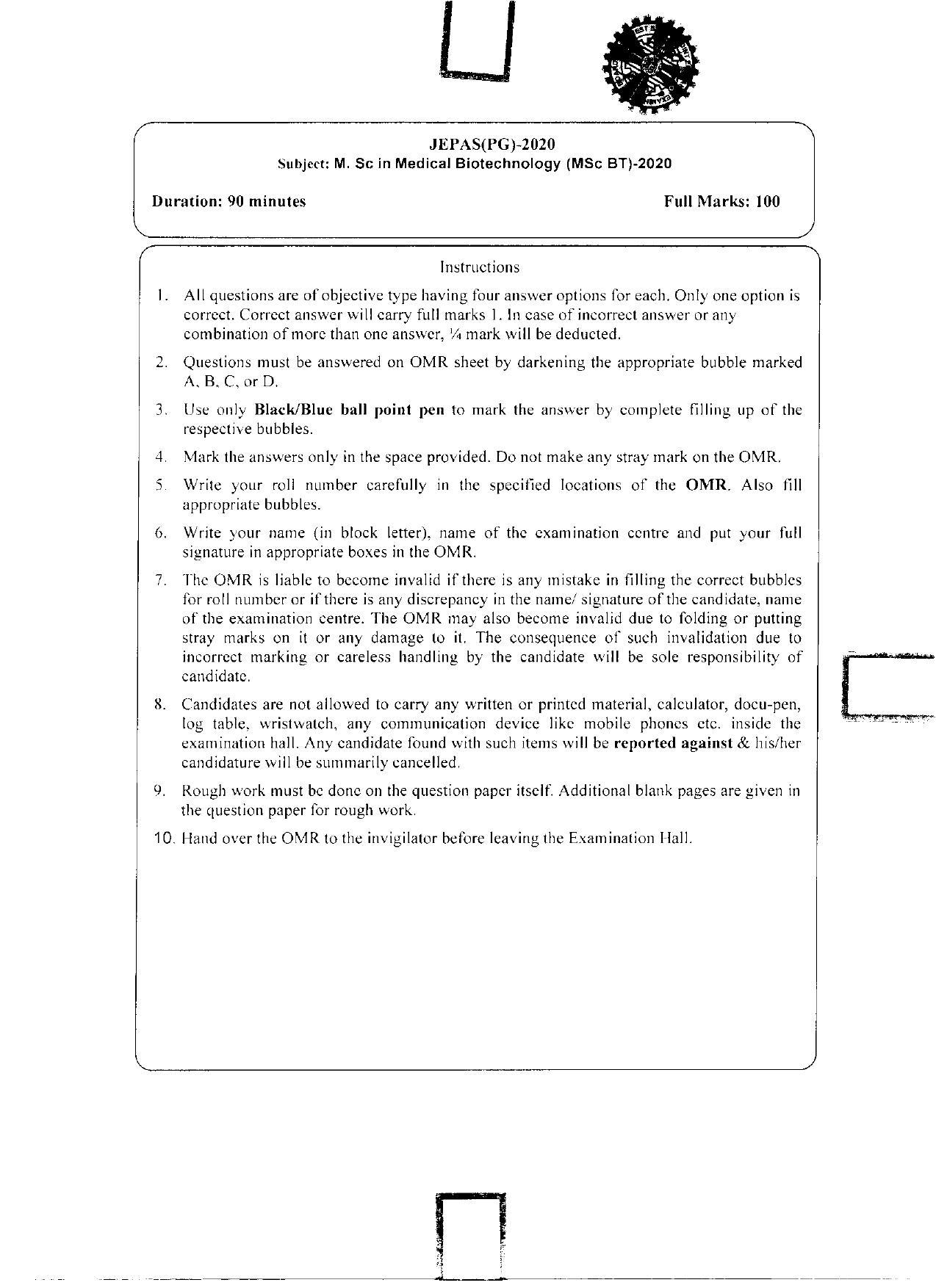 WBJEEB JEMAS (PG) 2020 MSc BT Question Paper - Page 1