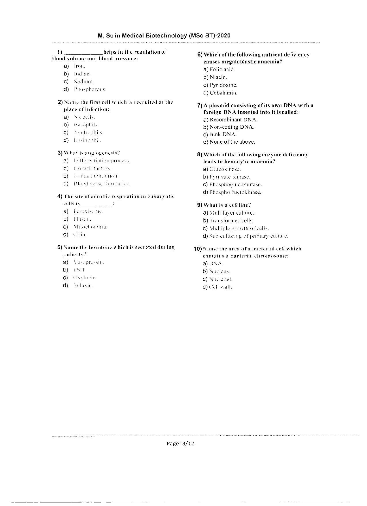 WBJEEB JEMAS (PG) 2020 MSc BT Question Paper - Page 3