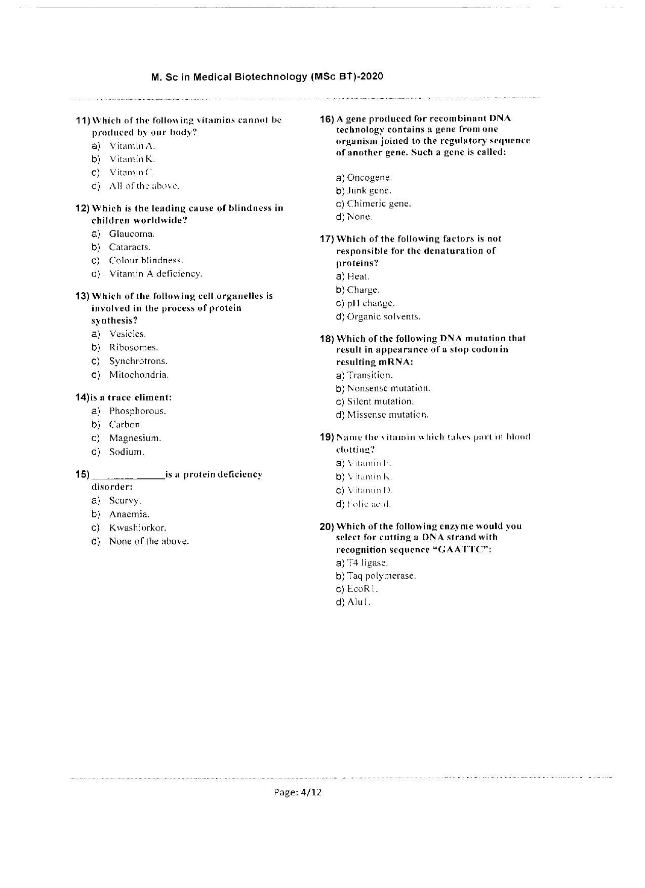 WBJEEB JEMAS (PG) 2020 MSc BT Question Paper - Page 4