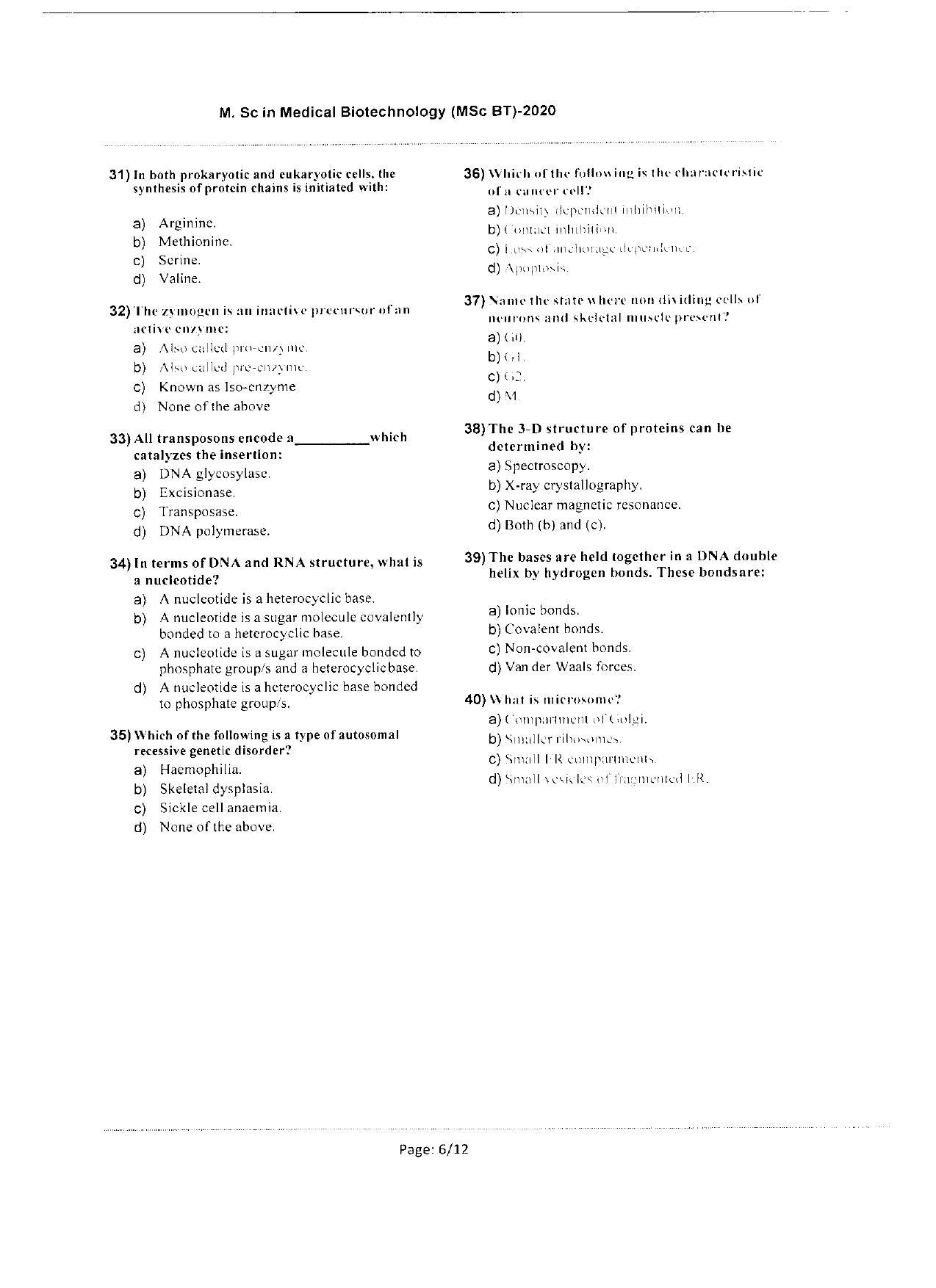 WBJEEB JEMAS (PG) 2020 MSc BT Question Paper - Page 6