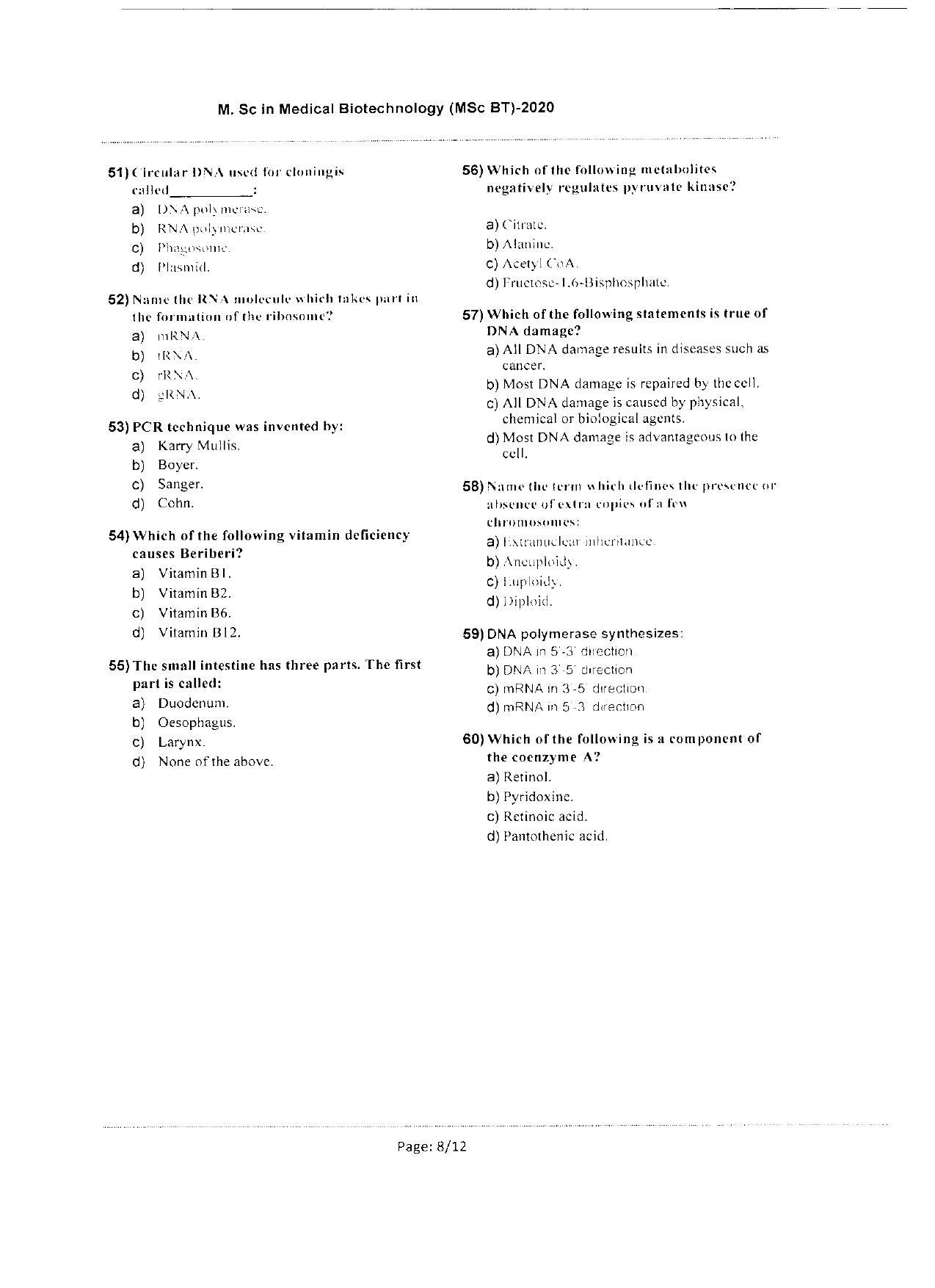 WBJEEB JEMAS (PG) 2020 MSc BT Question Paper - Page 8