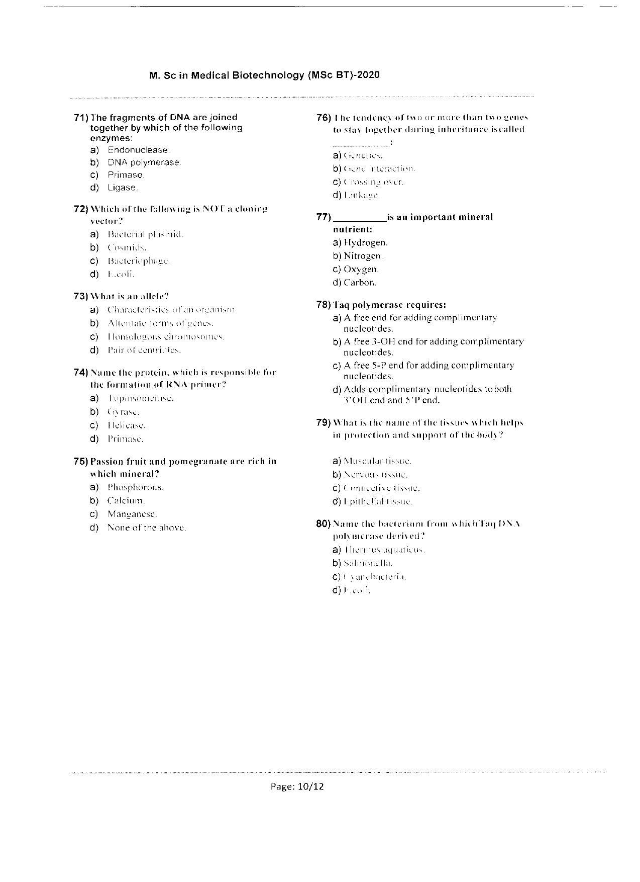WBJEEB JEMAS (PG) 2020 MSc BT Question Paper - Page 10