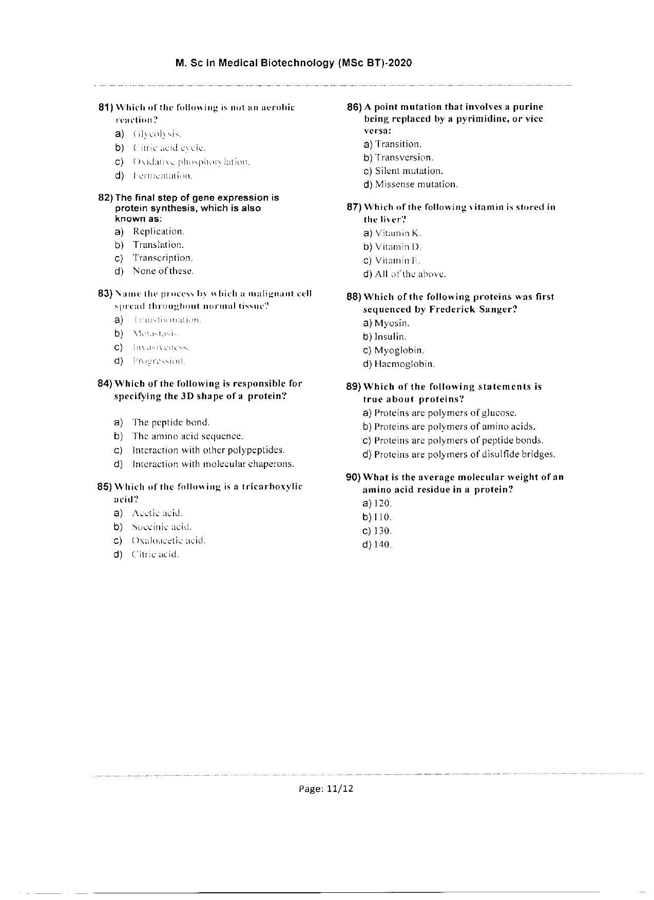 WBJEEB JEMAS (PG) 2020 MSc BT Question Paper - Page 11