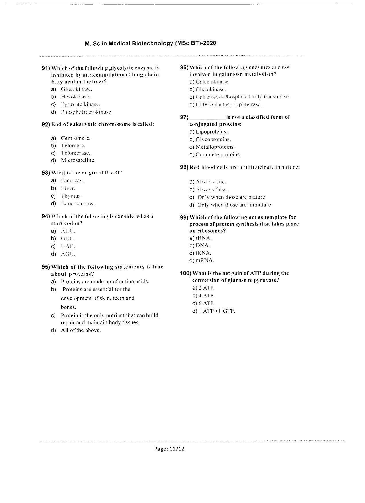 WBJEEB JEMAS (PG) 2020 MSc BT Question Paper - Page 12