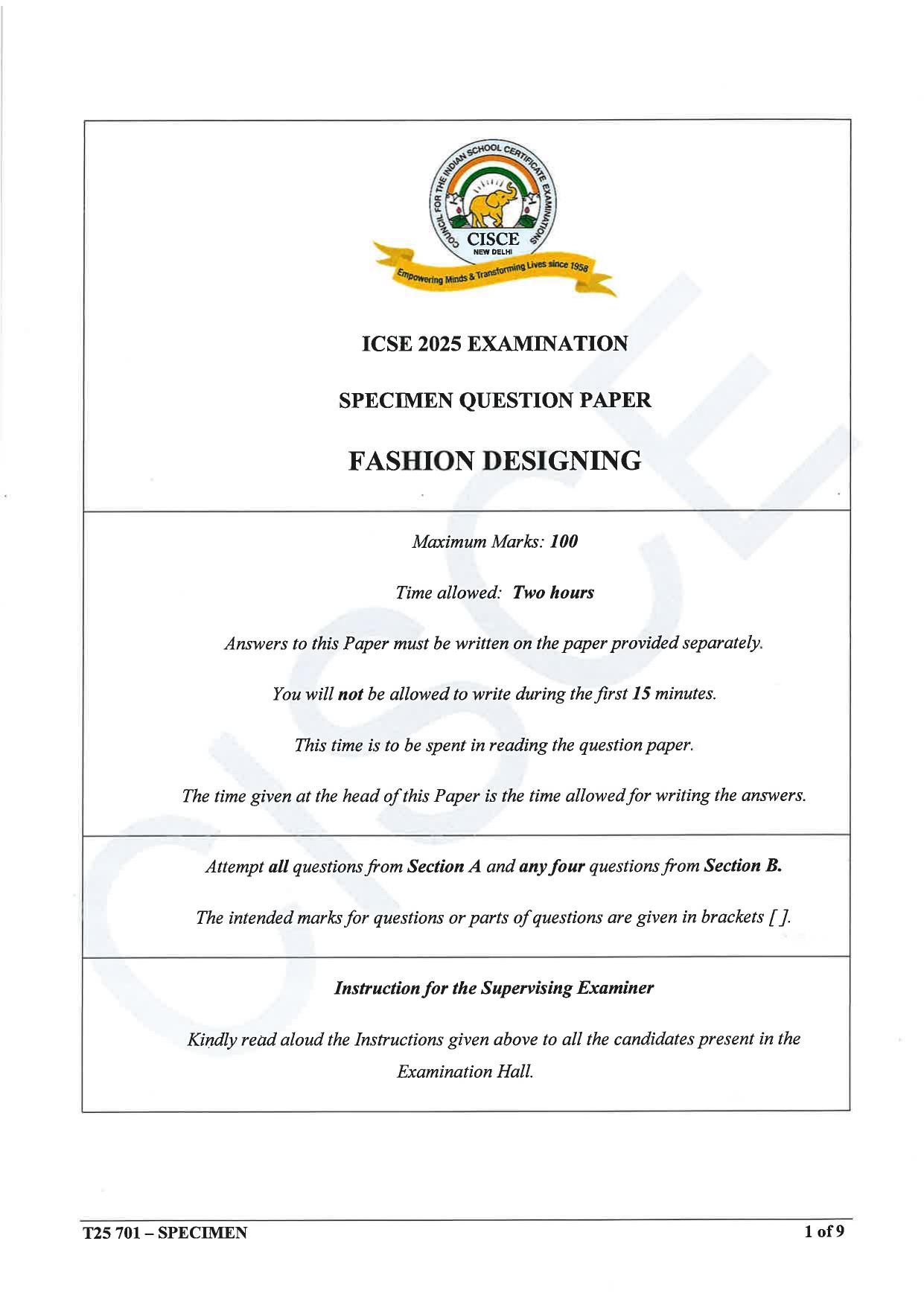 ICSE Class 10 2025 Fashion Designing (QP & MS) Specimen Paper - Page 1