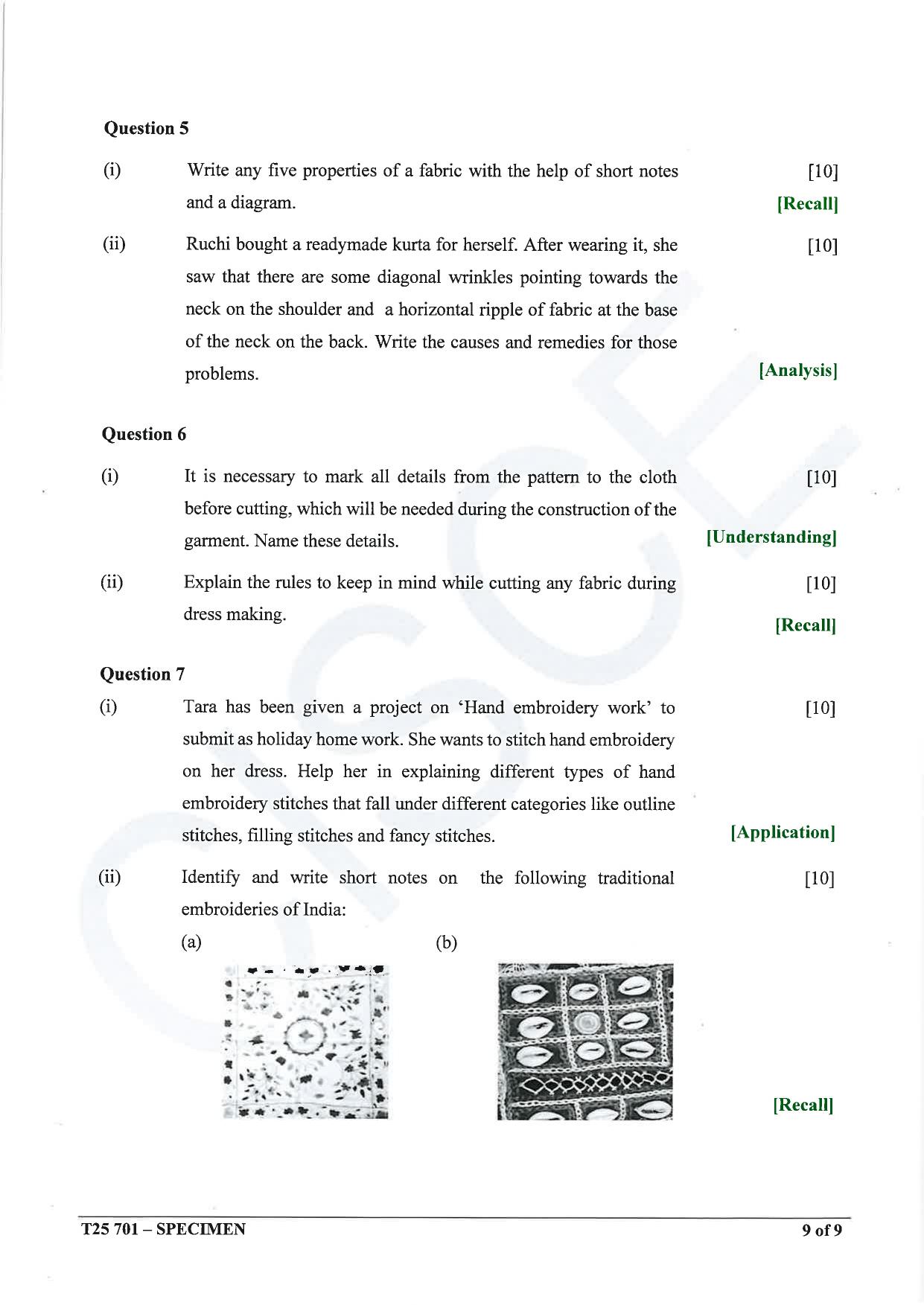 ICSE Class 10 2025 Fashion Designing (QP & MS) Specimen Paper - Page 9