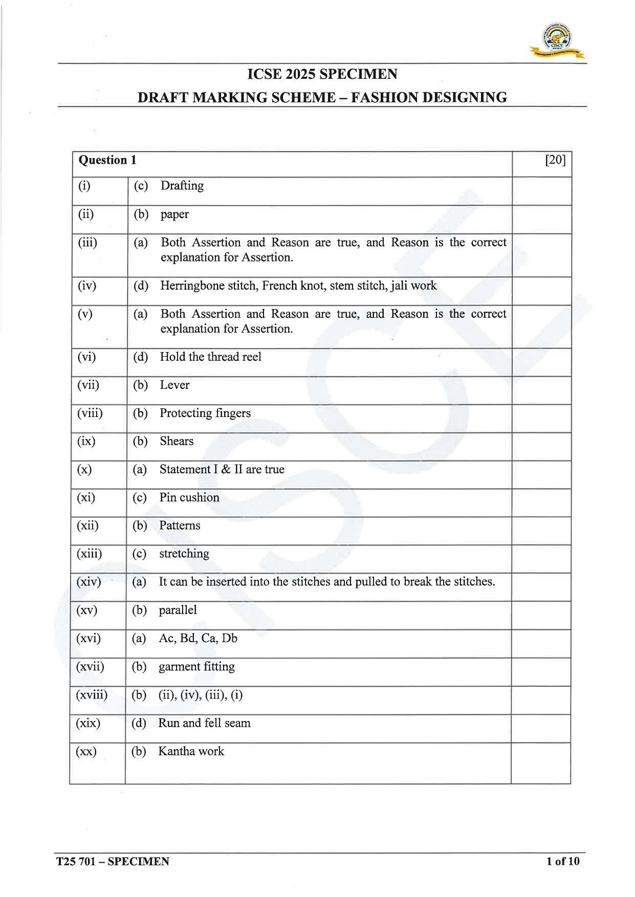 ICSE Class 10 2025 Fashion Designing (QP & MS) Specimen Paper - Page 10