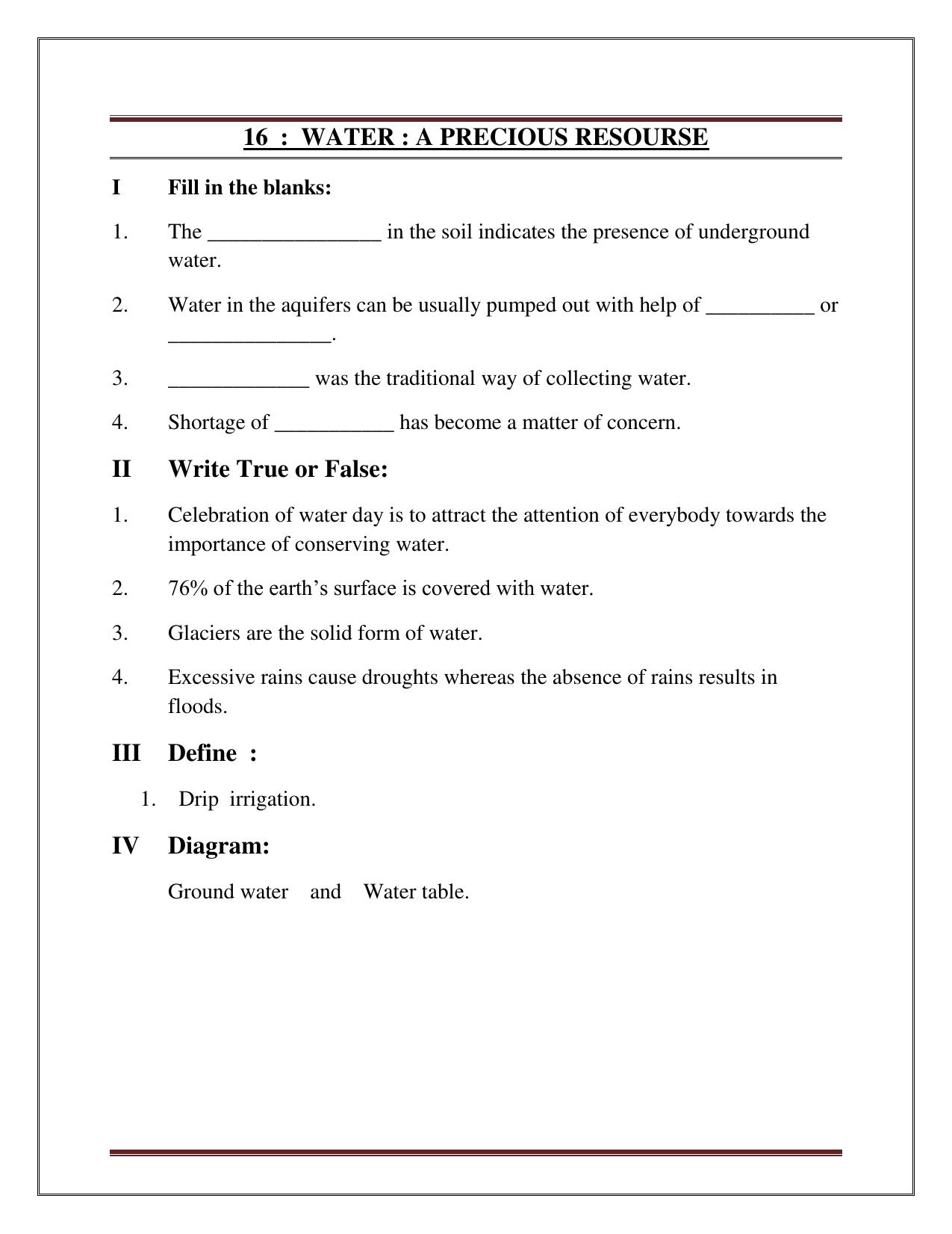 CBSE Worksheets for Class 7 Science Water – A Precious Recourse Assignment - Page 1