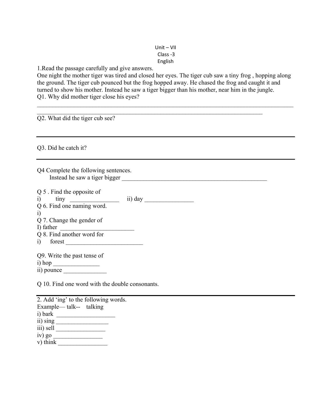 Worksheet for Class 3 English Assignment 29 - Page 1