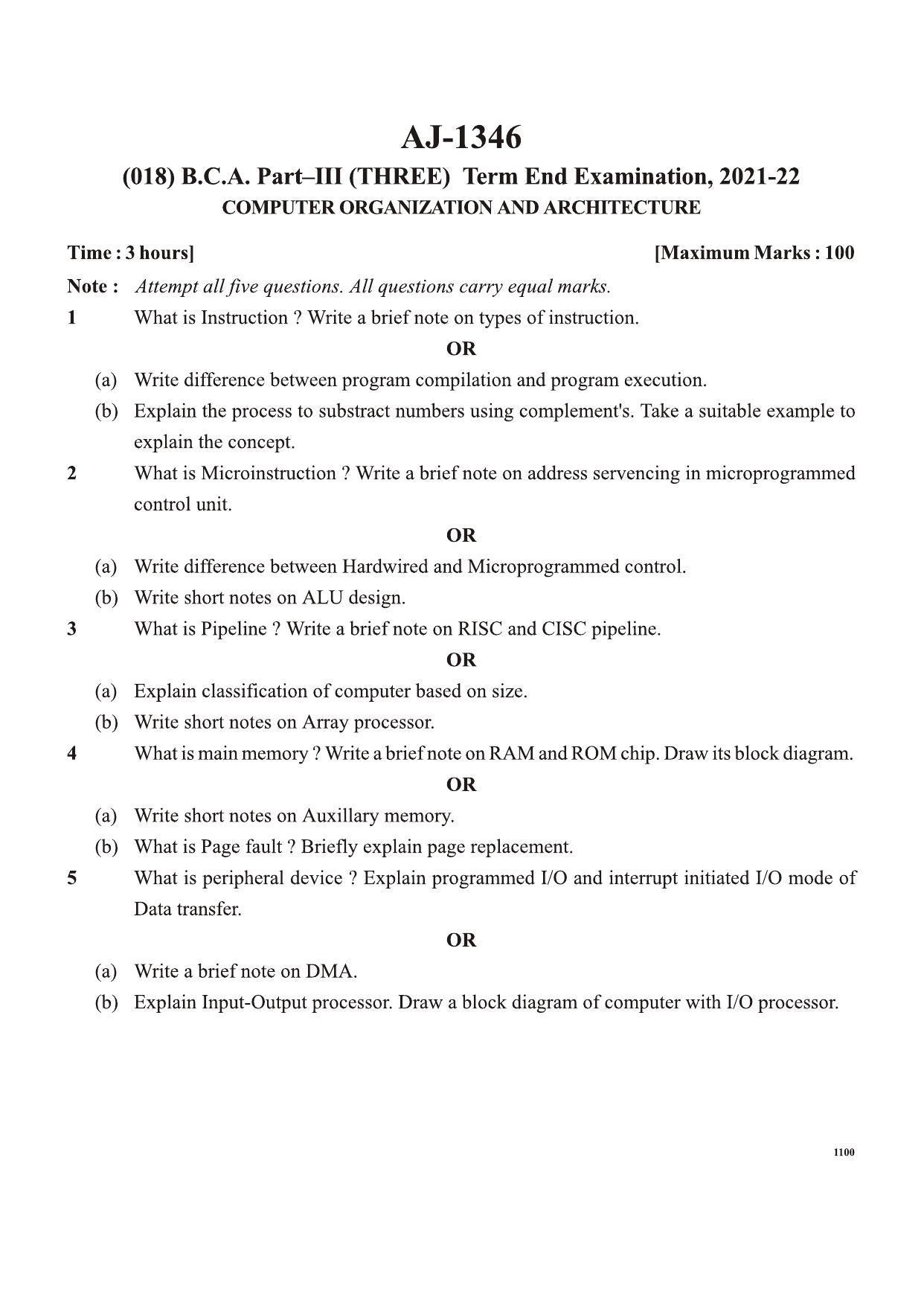 Bilaspur University Question Paper 2021-2022: B.C.A. Part-III (Three) (New Course) Computer Organization And Architecturre Paper 1 - Page 1