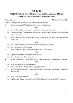 Bilaspur University Question Paper 2021-2022: B.C.A. Part-III (Three) (New Course)  Computer Organization And Architecturre Paper 1