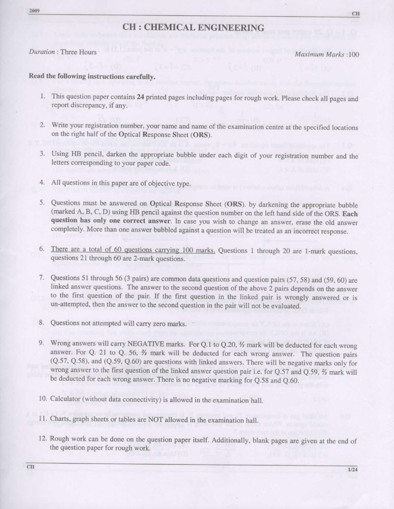 GATE 2009 Chemical Engineering (CH) Question Paper with Answer Key - Page 1