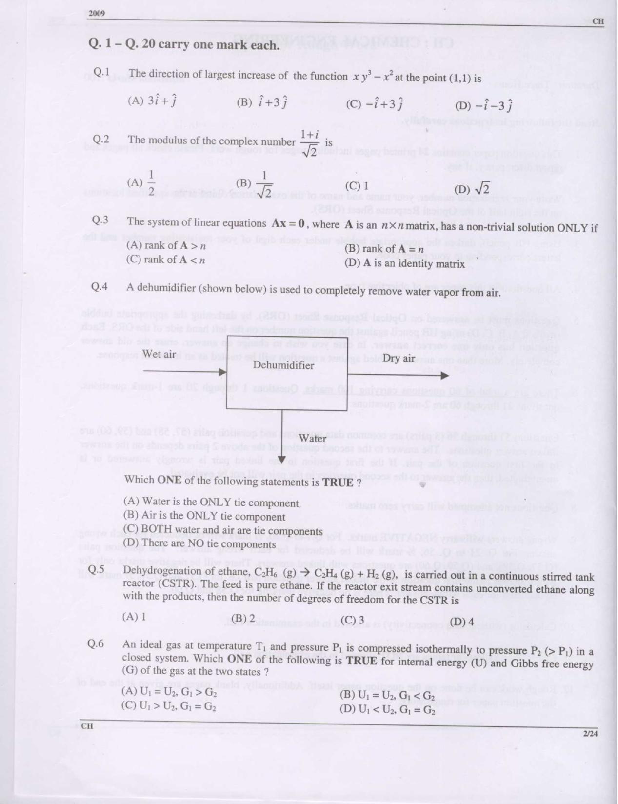 GATE 2009 Chemical Engineering (CH) Question Paper with Answer Key - Page 2