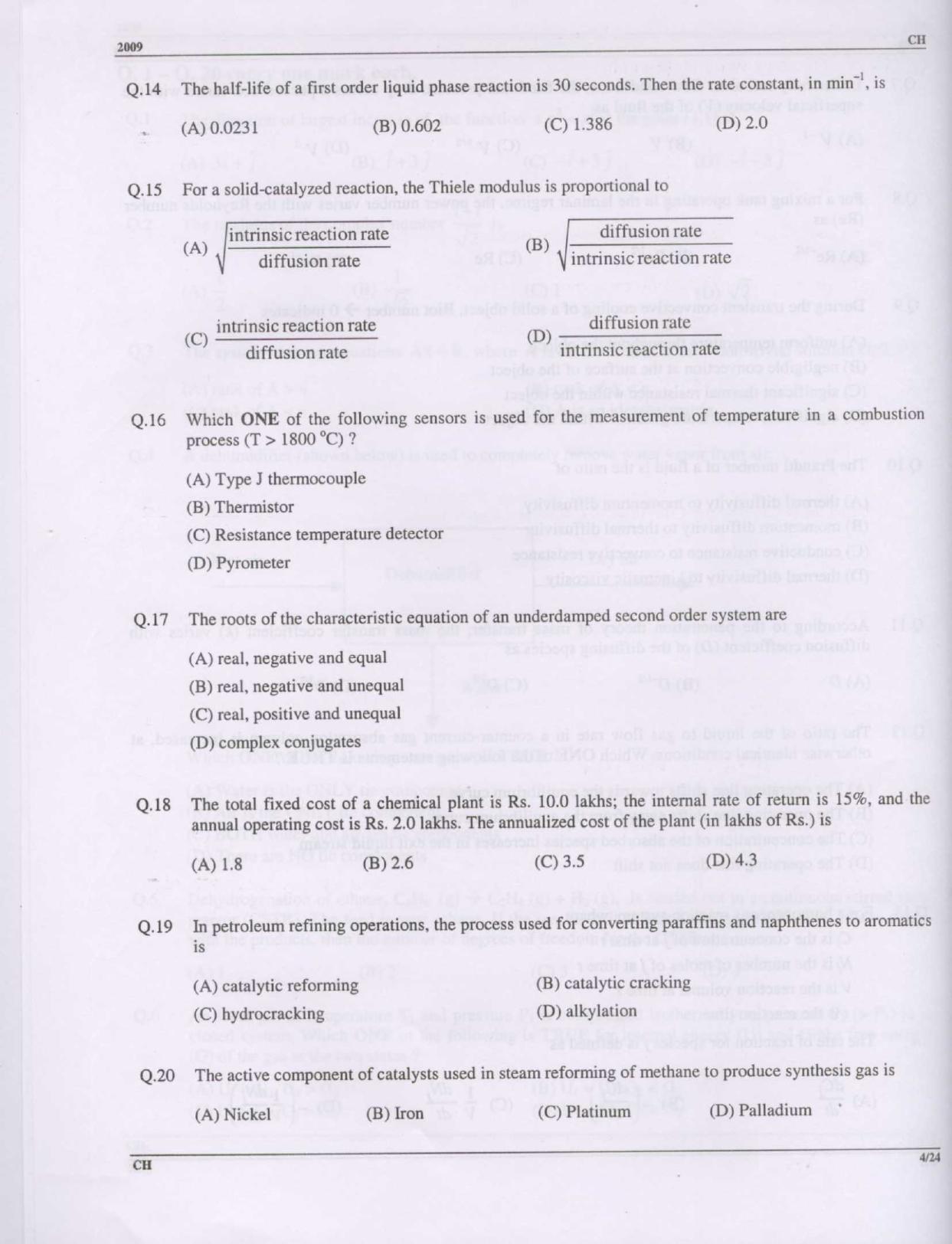 GATE 2009 Chemical Engineering (CH) Question Paper with Answer Key - Page 4