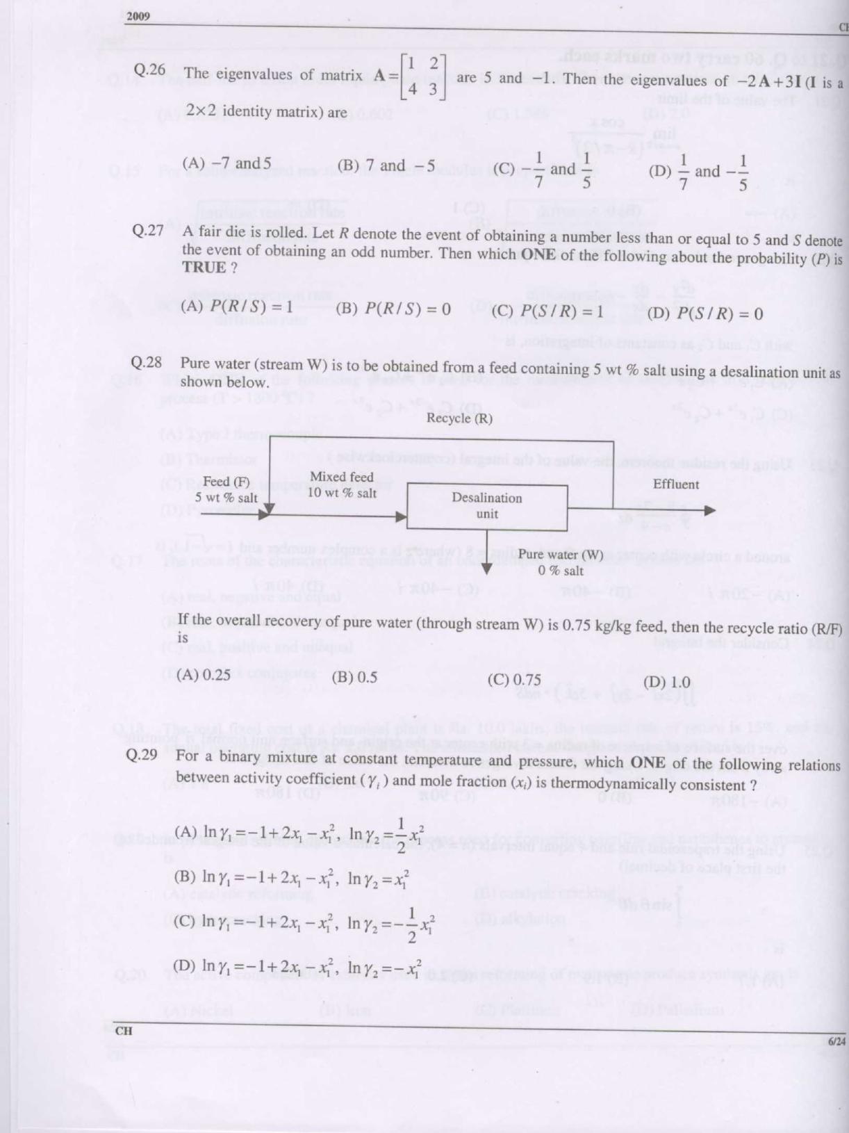 GATE 2009 Chemical Engineering (CH) Question Paper with Answer Key - Page 6