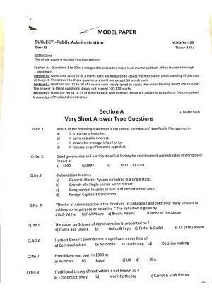 JKBOSE Class 11 Public Administration Model Question Paper 2023