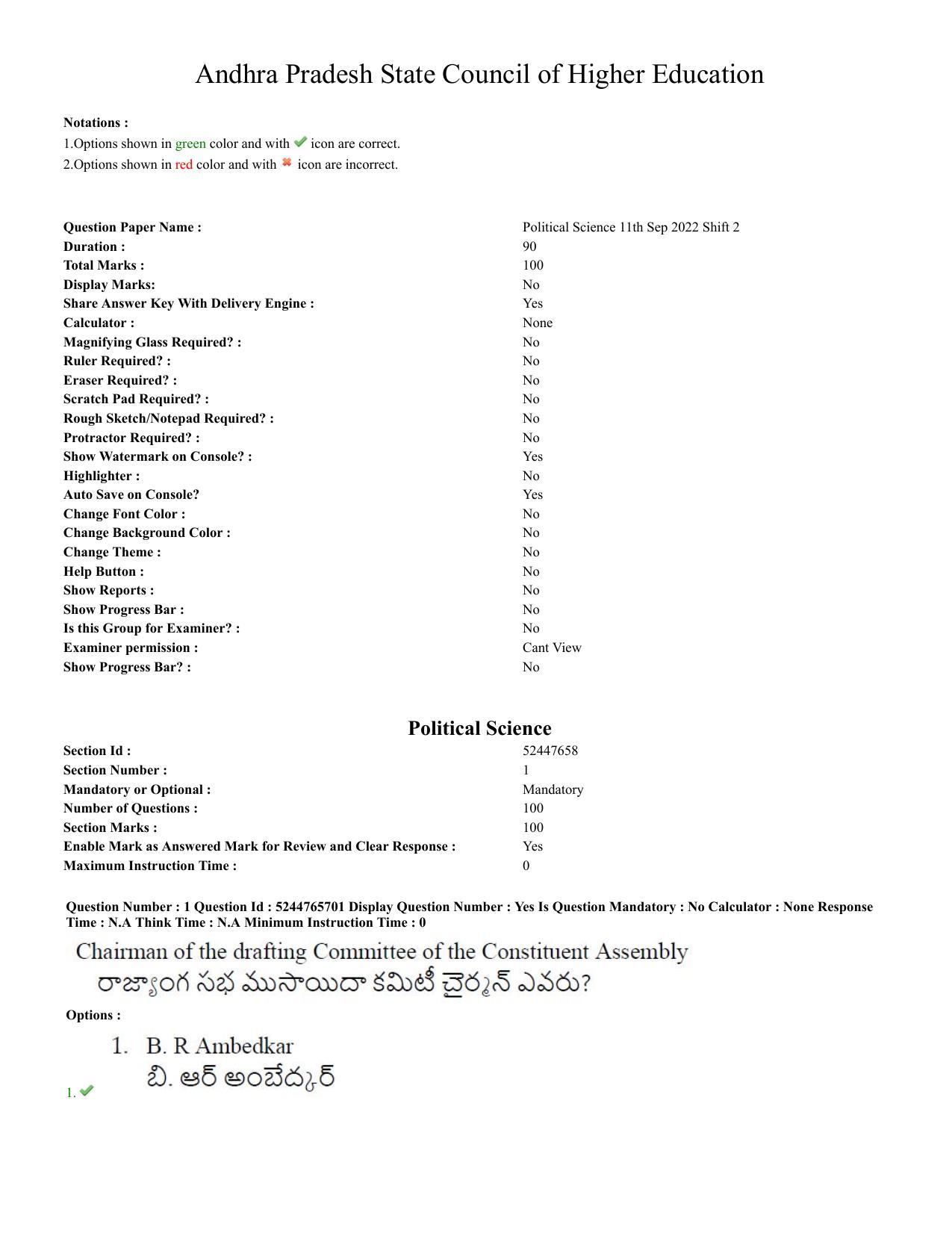 AP PGCET 2022 Political Science Question Paper with Answer Key - Page 1