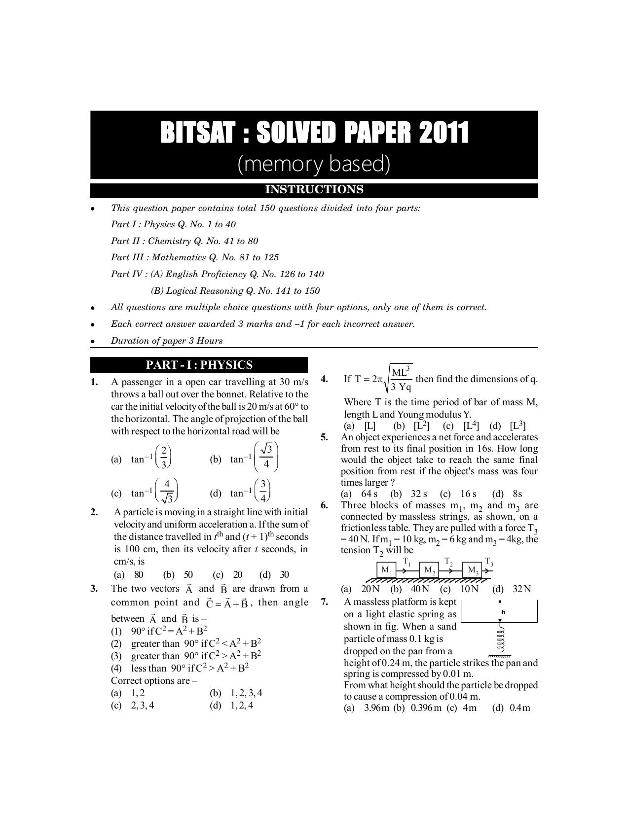 BITSAT 2011 Question Paper - Page 1