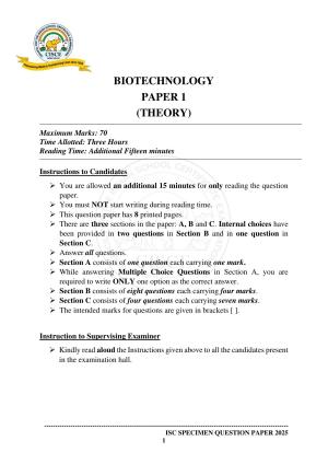 ISC Class 12 2025 BIOTECHNOLOGY (SQP & AK) Specimen Paper
