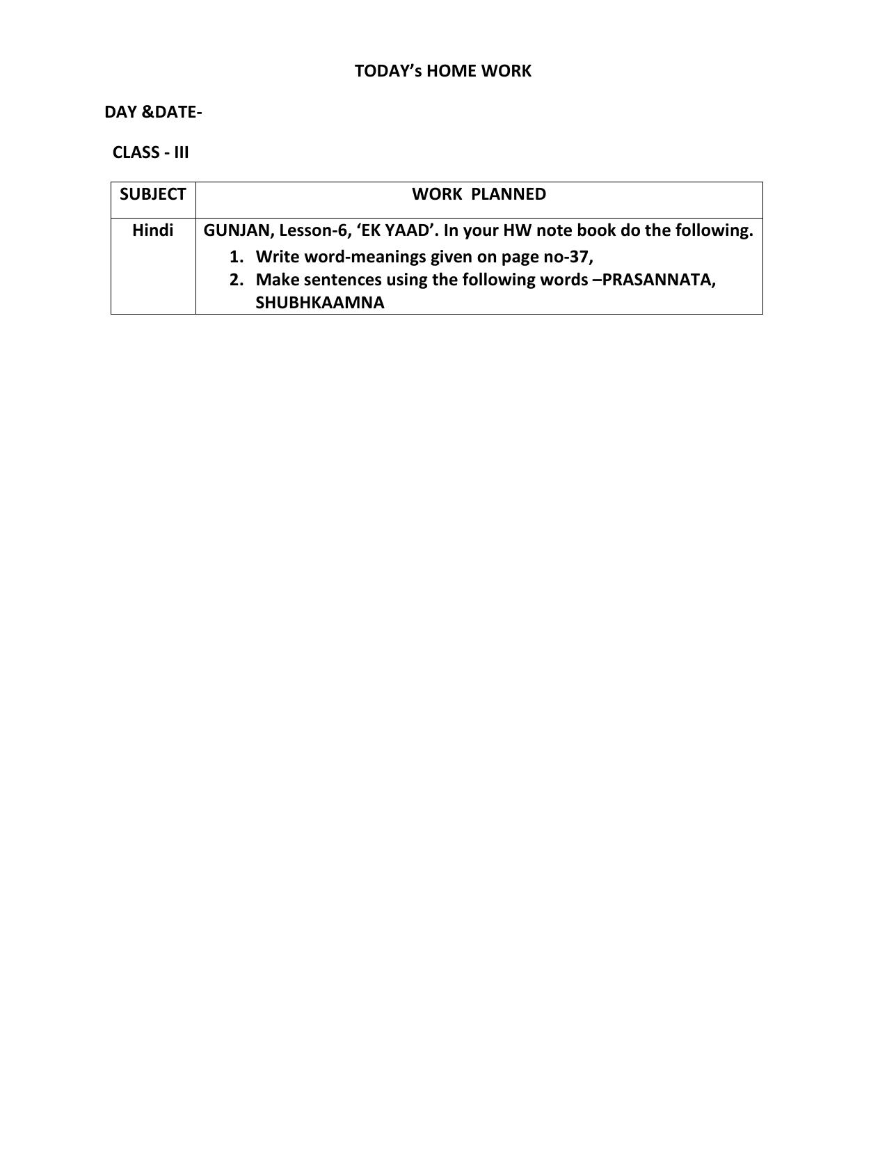 Worksheet for Class 3 Hindi Assignment 32 - Page 1