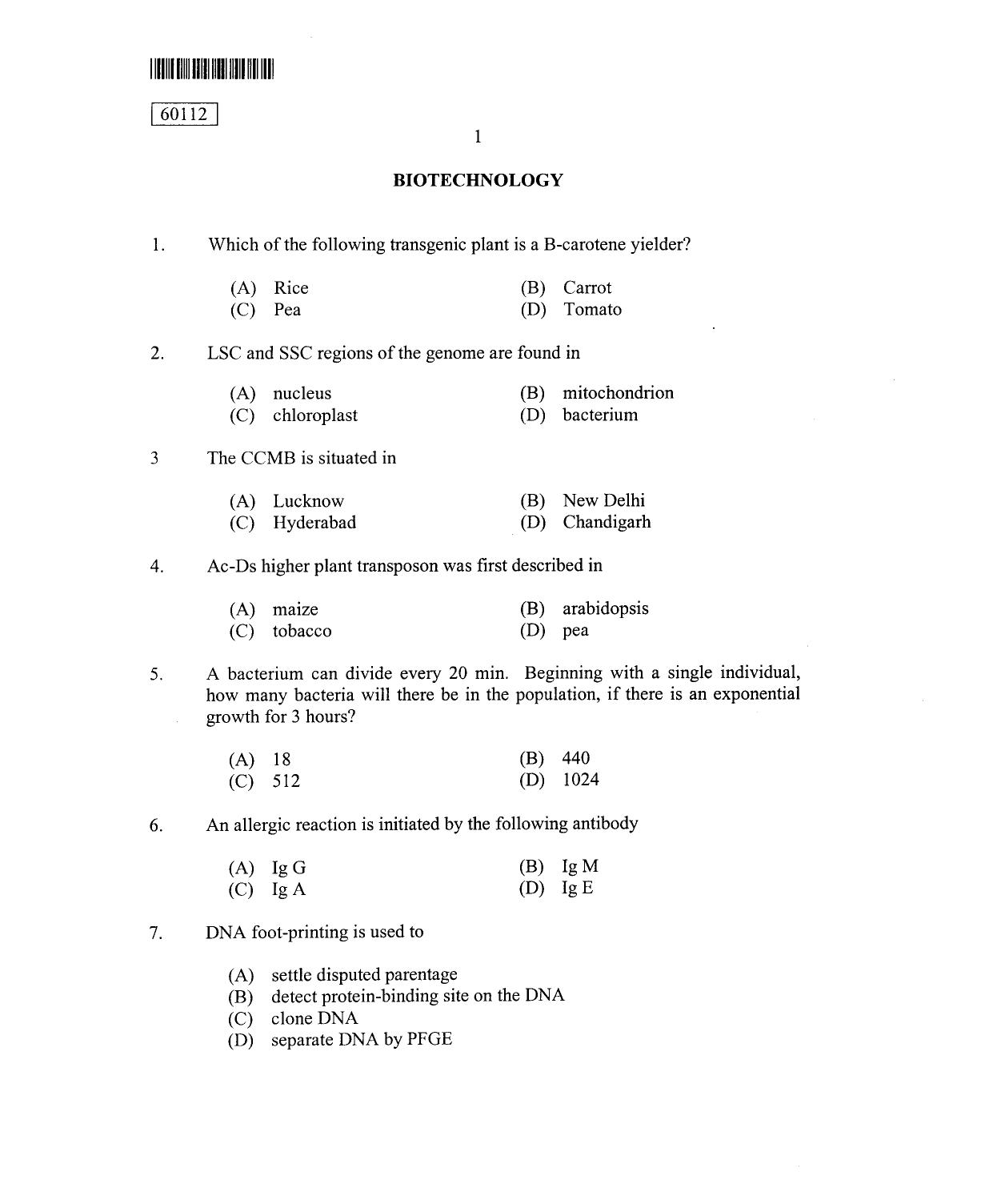 CUSAT CAT 2012 Biotechnology Question Paper - Page 2