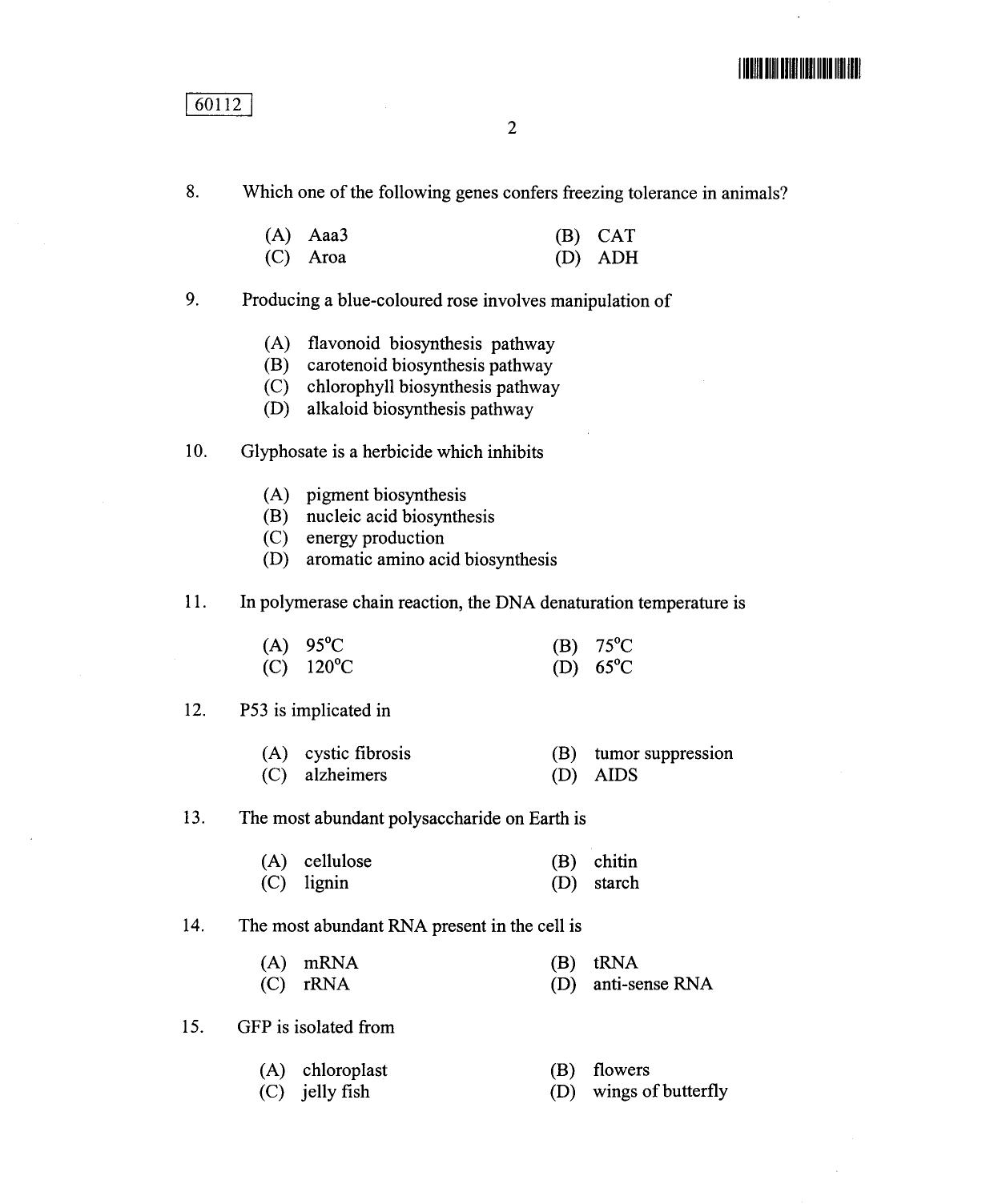 CUSAT CAT 2012 Biotechnology Question Paper - Page 3