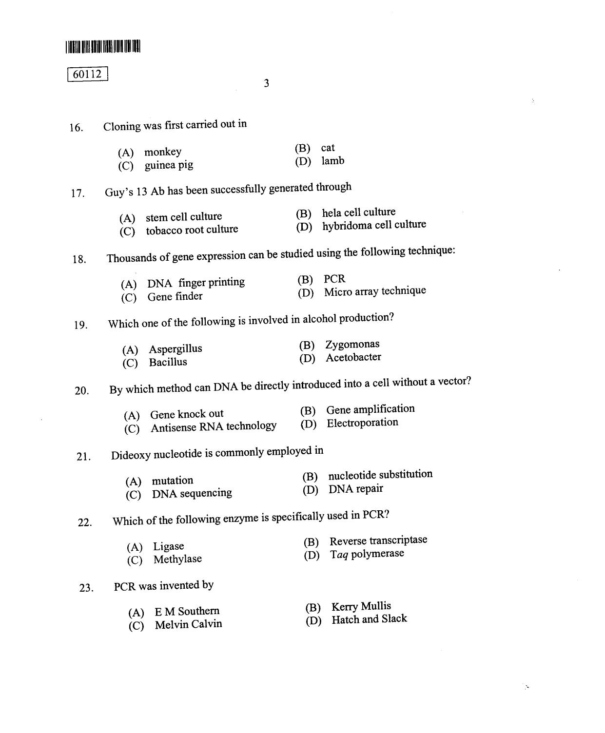 CUSAT CAT 2012 Biotechnology Question Paper - Page 4