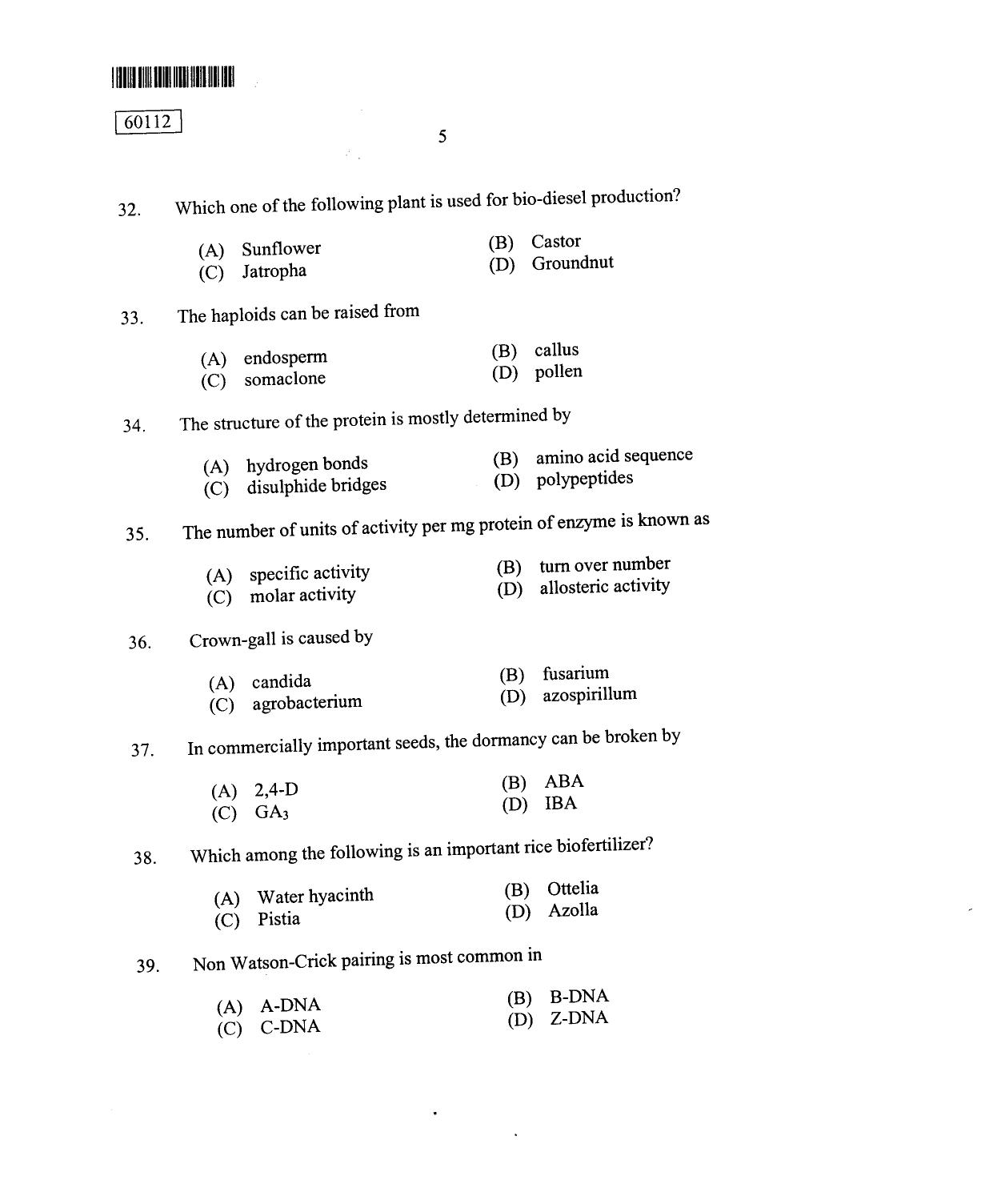 CUSAT CAT 2012 Biotechnology Question Paper - Page 6