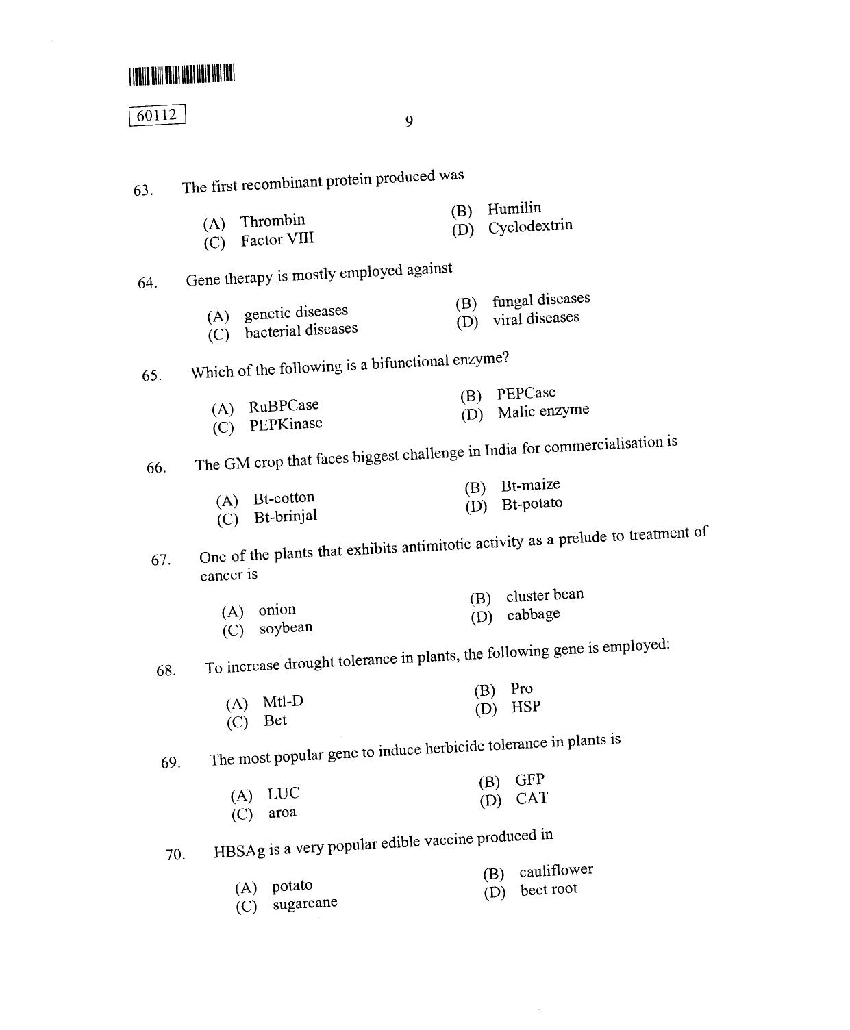 CUSAT CAT 2012 Biotechnology Question Paper - Page 10