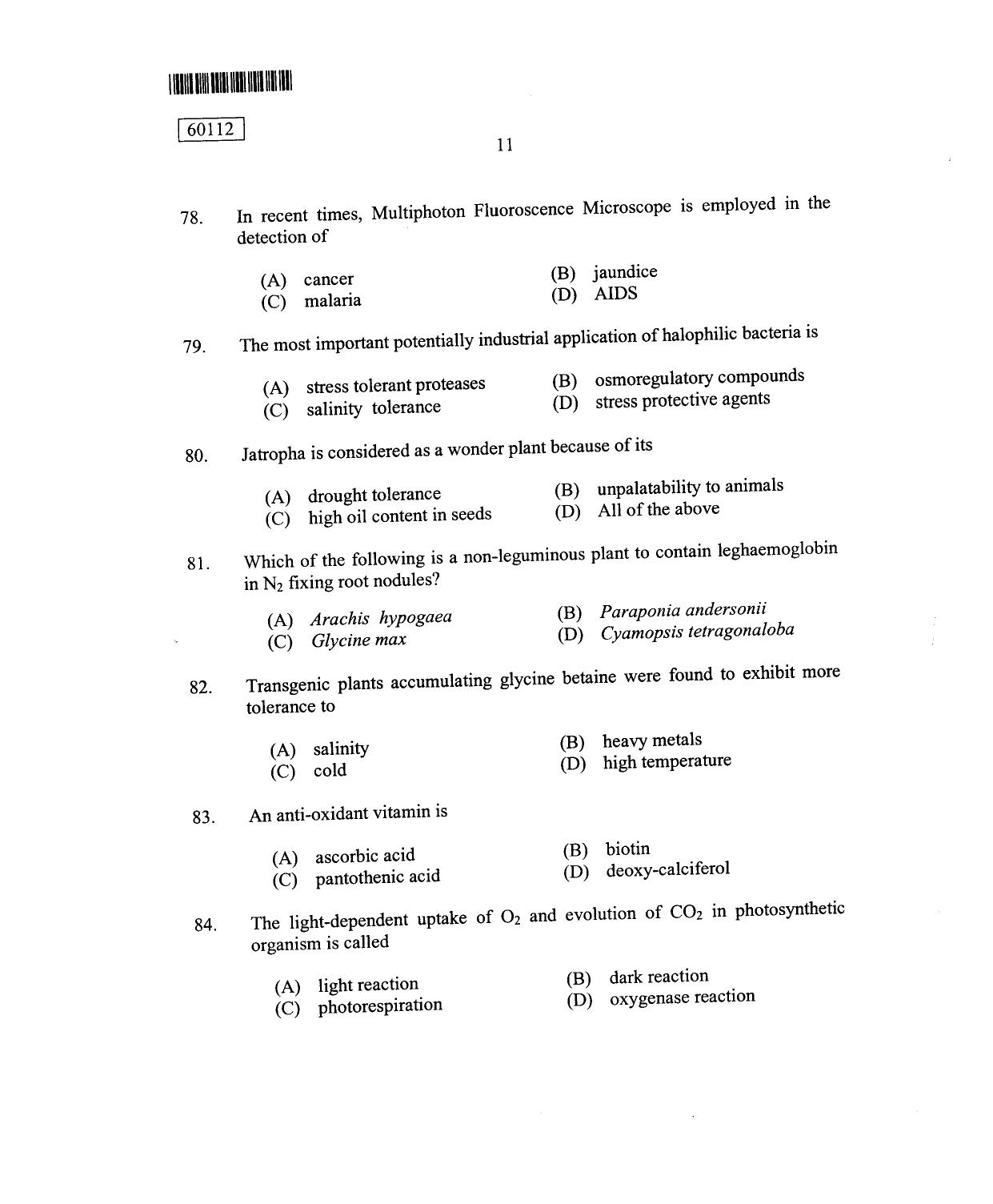 CUSAT CAT 2012 Biotechnology Question Paper - Page 12