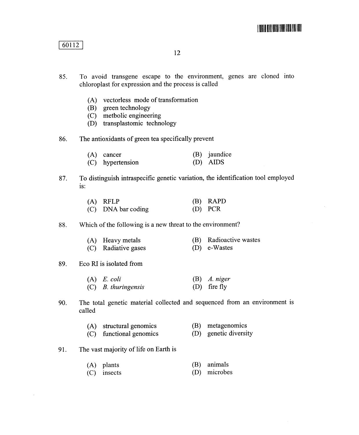CUSAT CAT 2012 Biotechnology Question Paper - Page 13