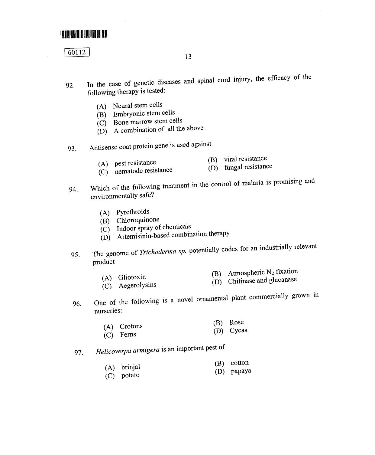 CUSAT CAT 2012 Biotechnology Question Paper - Page 14
