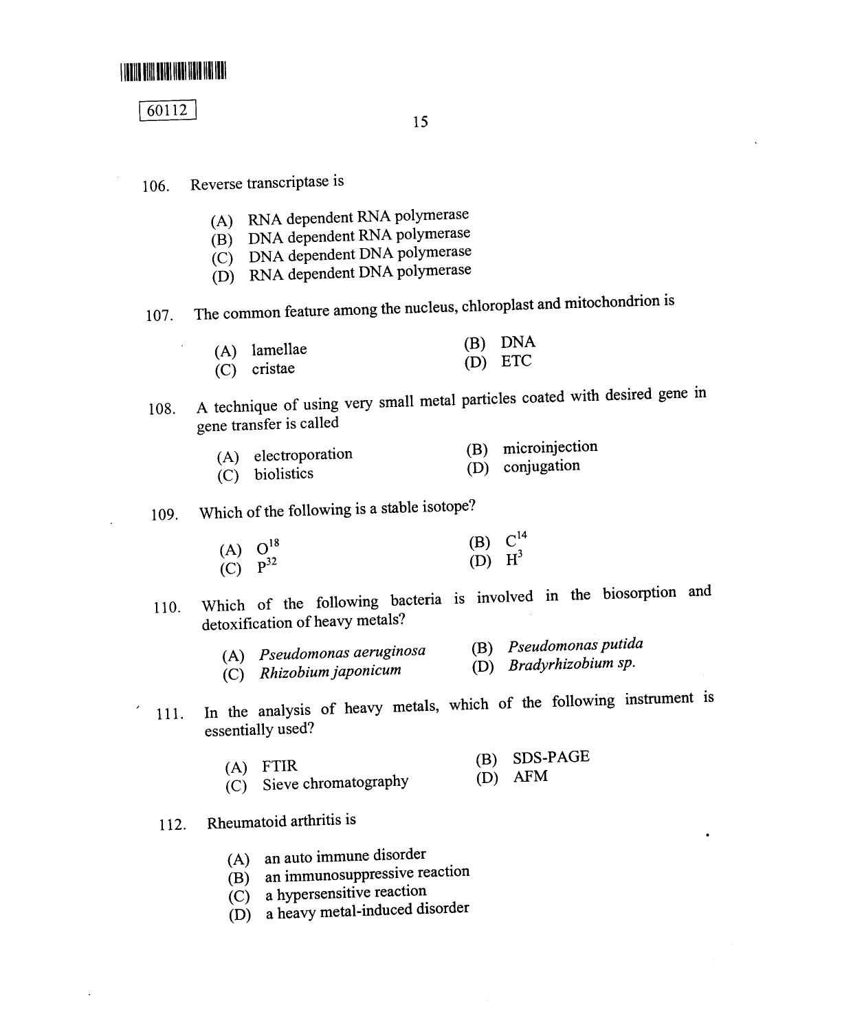 CUSAT CAT 2012 Biotechnology Question Paper - Page 16