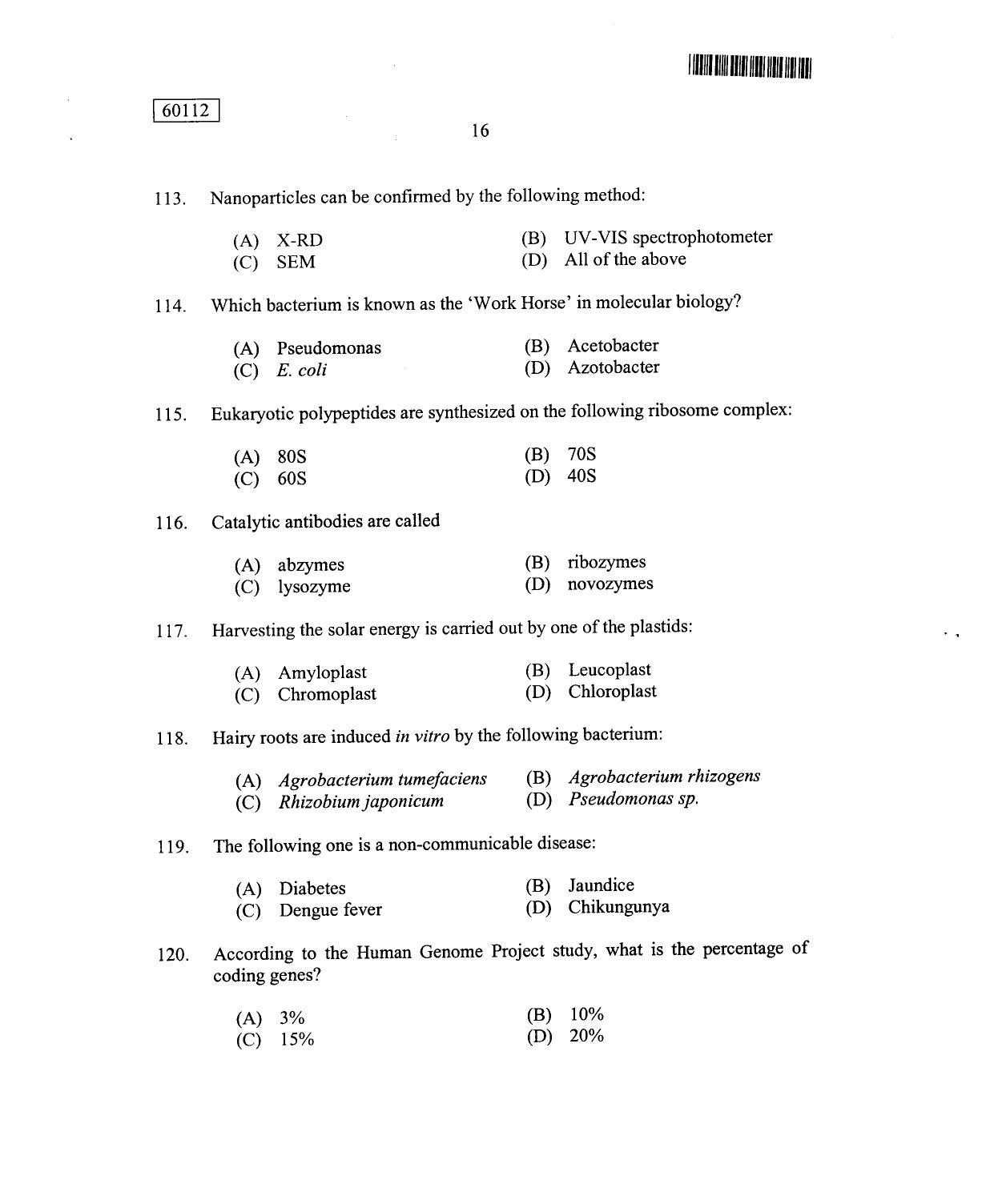 CUSAT CAT 2012 Biotechnology Question Paper - Page 17
