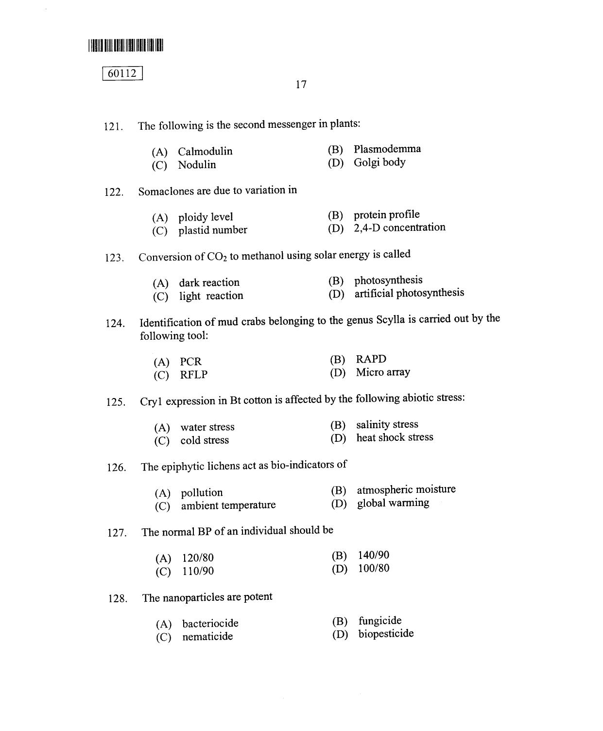 CUSAT CAT 2012 Biotechnology Question Paper - Page 18