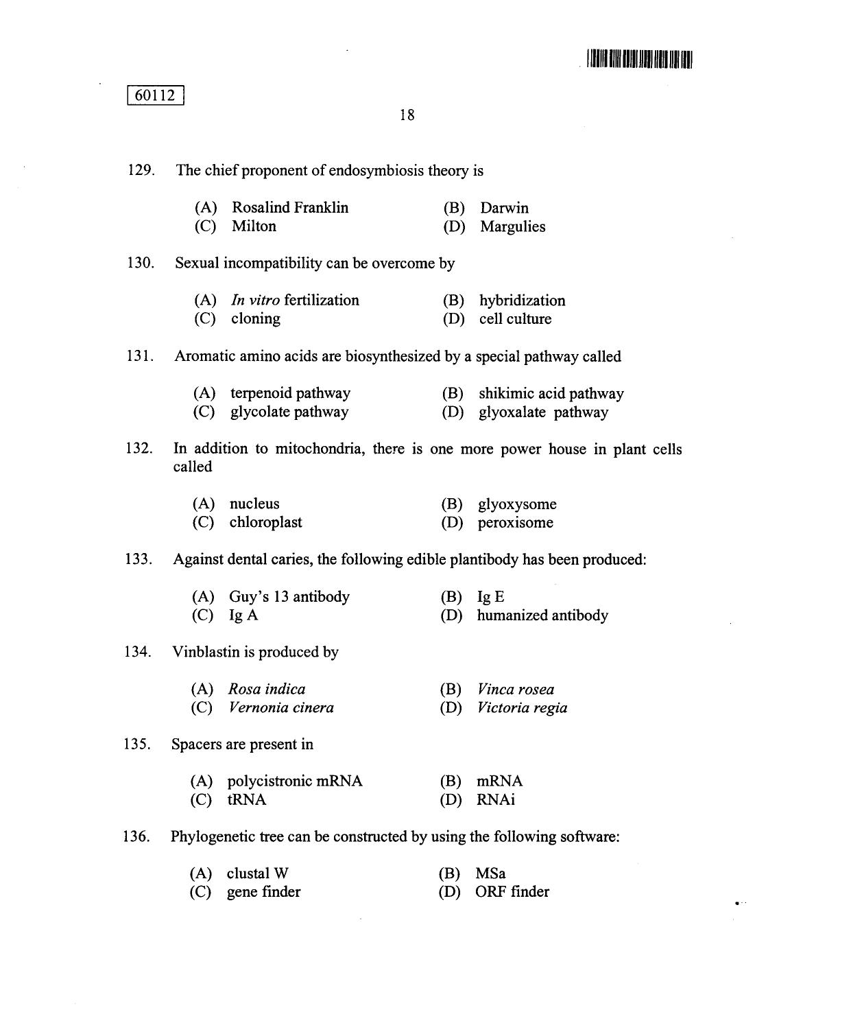 CUSAT CAT 2012 Biotechnology Question Paper - Page 19