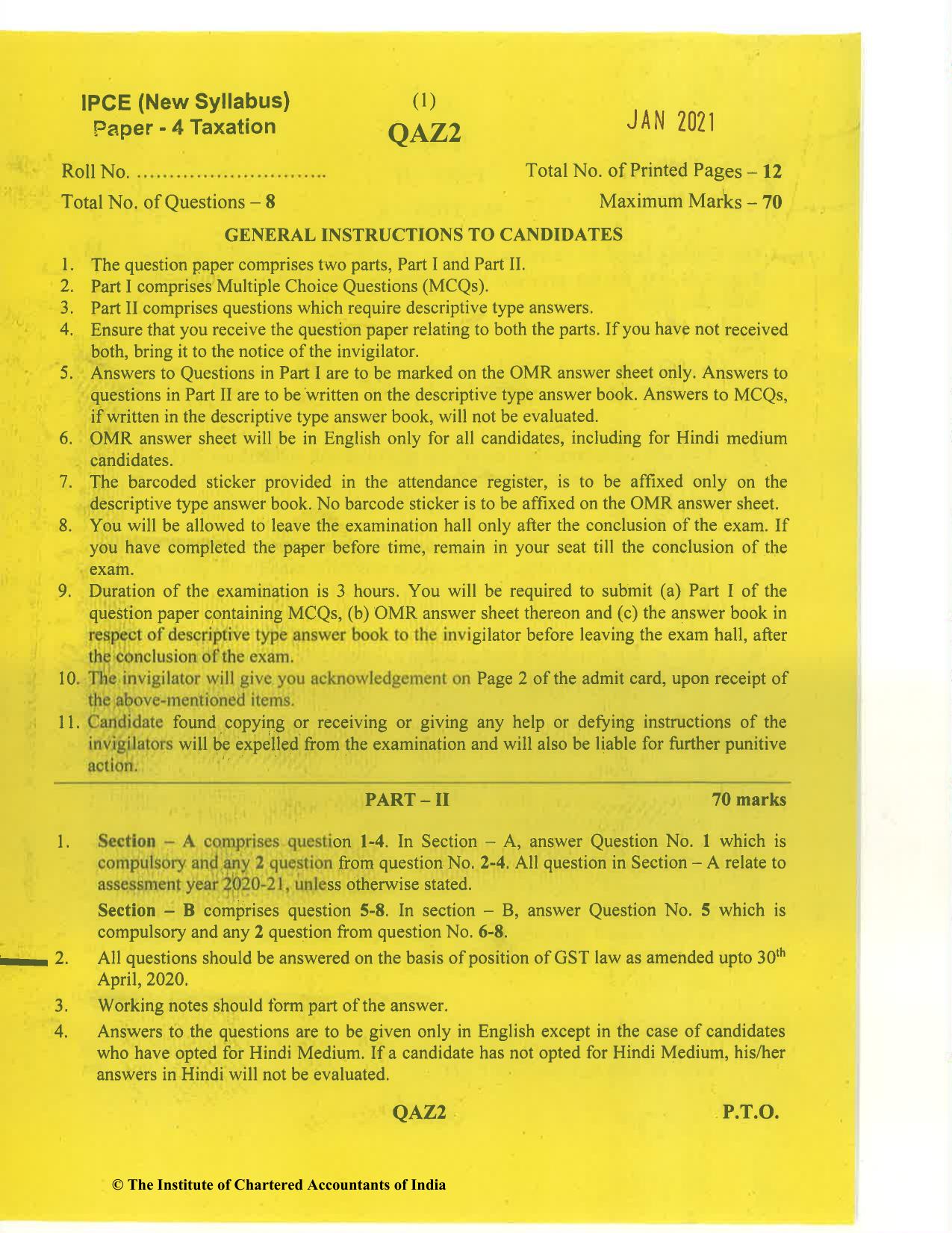 CA Inter Jan 2021 Question Paper - Paper 4 – Taxation - Page 1