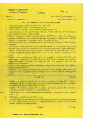 CA Inter Jan 2021 Question Paper - Paper 4 – Taxation