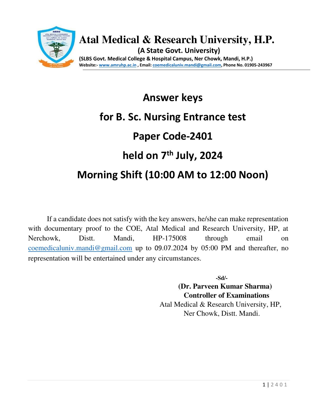 HP B.Sc. Nursing 2024 Question Paper with Answer Key - Page 1